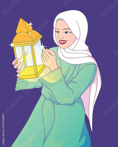 Beautiful Muslim girl in elegant Islamic dress and hijab holding a glowing lantern, symbolizing Ramadan.