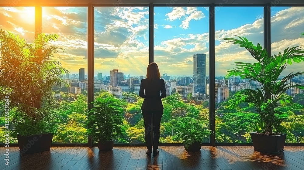 Fototapeta premium Businesswoman contemplates cityscape view from office window