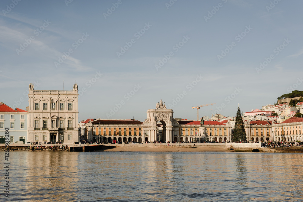 Lisbon main Square and Christmas Tree seen from Tagus River Lisbon main Square and Christmas Tree seen from Tagus River