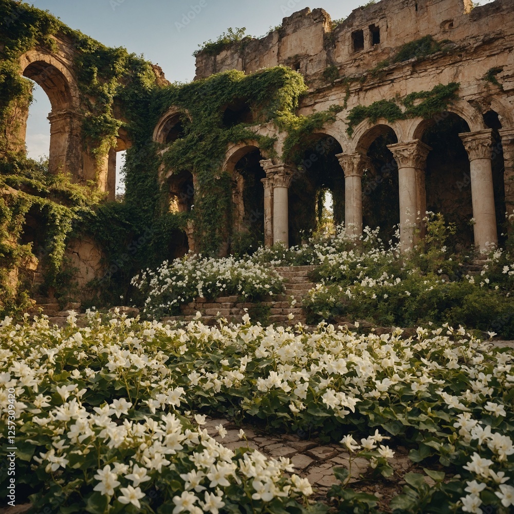 Obraz premium A golden-ivy-covered garden with ancient ruins and white flowers growing around them.