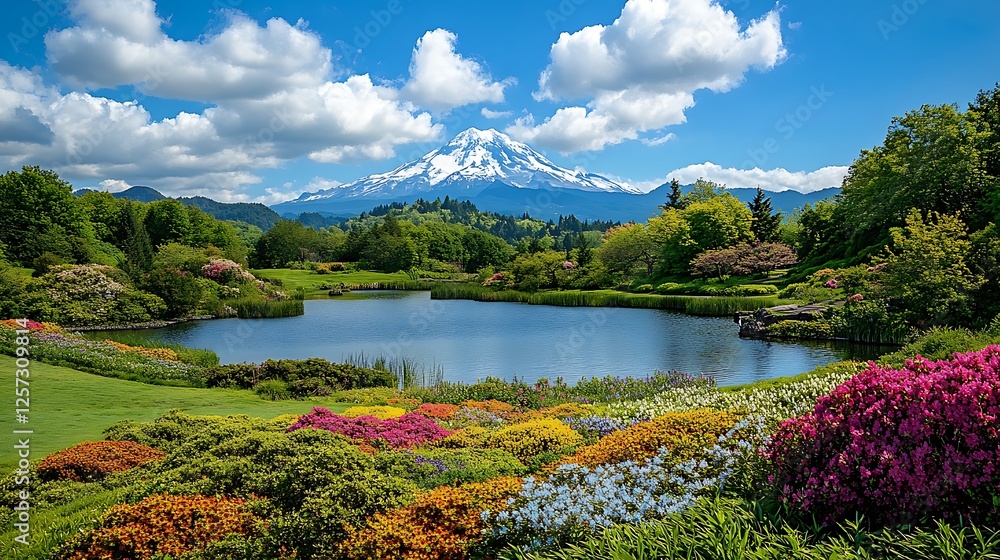 Naklejka premium Serene Springtime Landscape: Mountain View from a Vibrant Garden Pond AI Generated