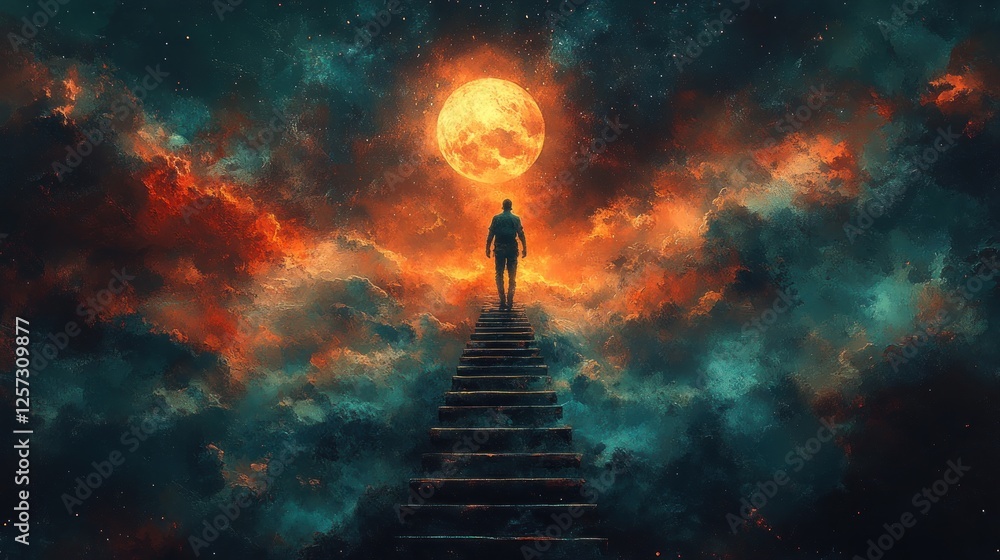 A solitary figure ascends a staircase into a vibrant cosmic landscape illuminated by a full moon A solitary figure ascends a staircase into a vibrant cosmic landscape illuminated by a full moon