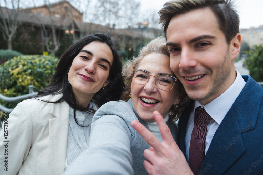 Happy family taking selfie outdoors making victory sign Happy family taking selfie outdoors making victory sign
