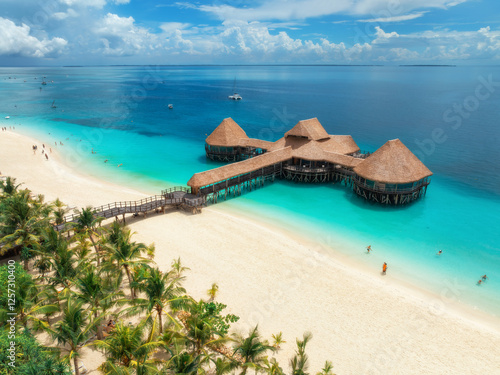 Fototapeta Naklejka Na Ścianę i Meble -  Aerial view of bungalow, white sandy beach, sea and green palms