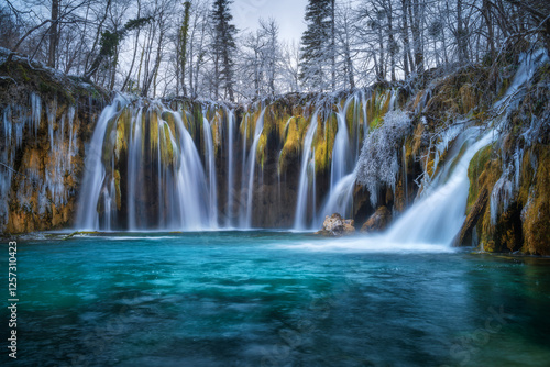 Winter waterfall, lake, frozen trees with icicles in cold evening