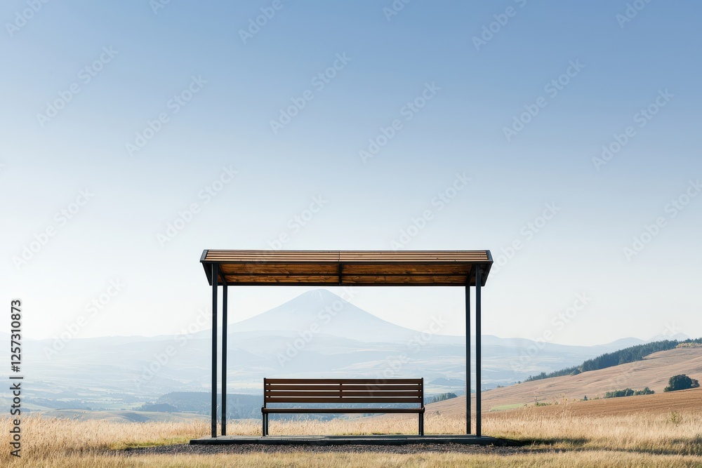 Minimalist bus stop with bench and roof in a serene, open landscape. Mountain silhouette in the background under a clear blue sky. Peaceful rural scene. Minimalist bus stop with bench and roof in a serene, open landscape. Mountain silhouette in the background under a clear blue sky. Peaceful rural scene.
