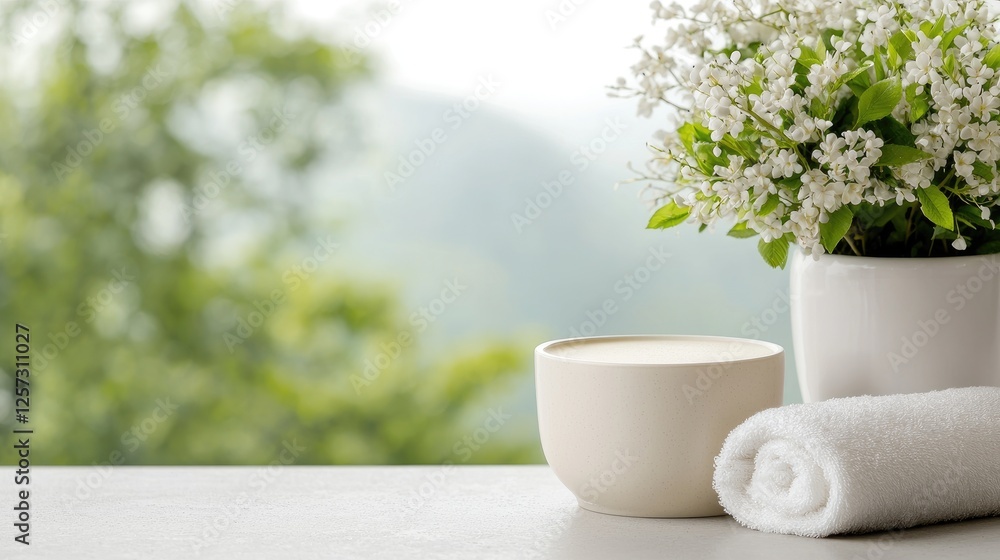Spa scene with flowers, cup, and towel; relaxing background; for wellness products Spa scene with flowers, cup, and towel; relaxing background; for wellness products