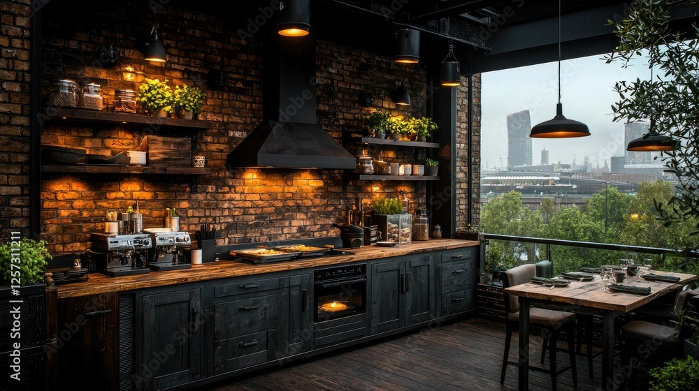 Modern Industrial Rooftop Kitchen With City View Modern Industrial Rooftop Kitchen With City View