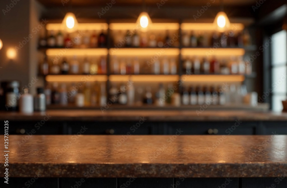 Mockup of empty bar countertop on the blurred background of shelves filled with alcohol bottles Mockup of empty bar countertop on the blurred background of shelves filled with alcohol bottles