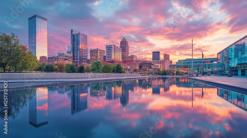 Oklahoma City Skyline at Sunset Reflected in Calm Waters: A Stunning Urban Landscape