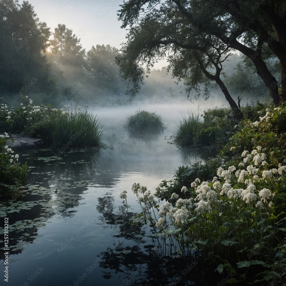 A lakeside garden with mist rising from the water, creating a mystical white glow. A lakeside garden with mist rising from the water, creating a mystical white glow.
