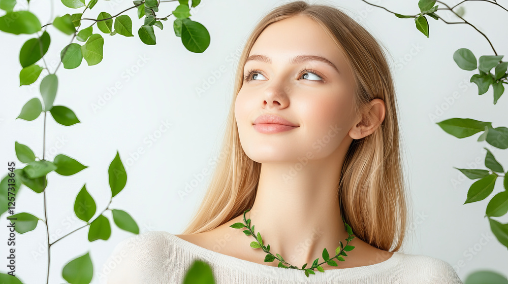 Young Woman with Beautiful Long Hair Surrounded by Green Leaves in a Bright Studio Environment Young Woman with Beautiful Long Hair Surrounded by Green Leaves in a Bright Studio Environment