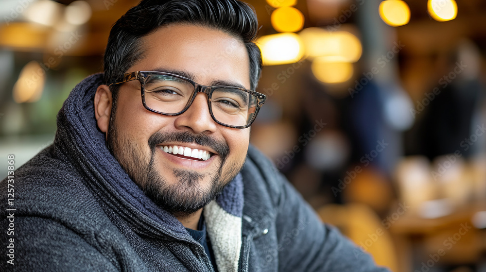 Happy man with glasses smiling in a cozy cafe setting with warm ambient lighting Happy man with glasses smiling in a cozy cafe setting with warm ambient lighting