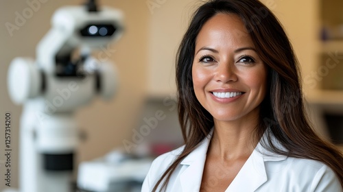 Professional female doctor smiling confidently in modern medical office with microscope Free Download Professional female doctor smiling confidently in modern medical office with microscope - GFXLoad
