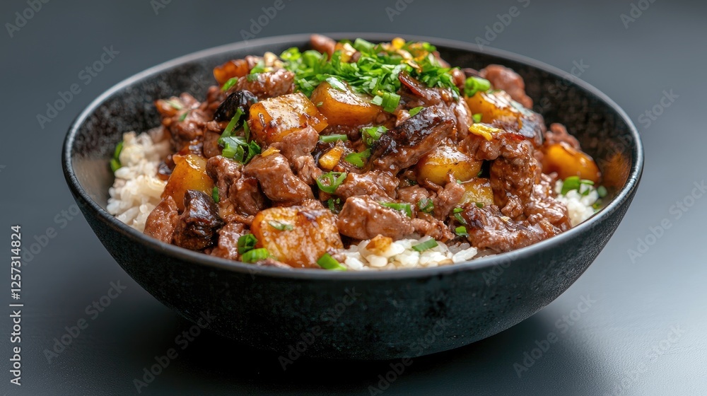 Beef and Pineapple Stir-fry Rice Bowl, Delicious Dish, Restaurant Style Beef and Pineapple Stir-fry Rice Bowl, Delicious Dish, Restaurant Style