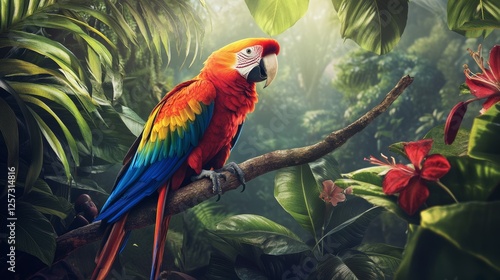 Wallpaper Mural A colorful parrot perched on a branch, surrounded by tropical foliage. Torontodigital.ca