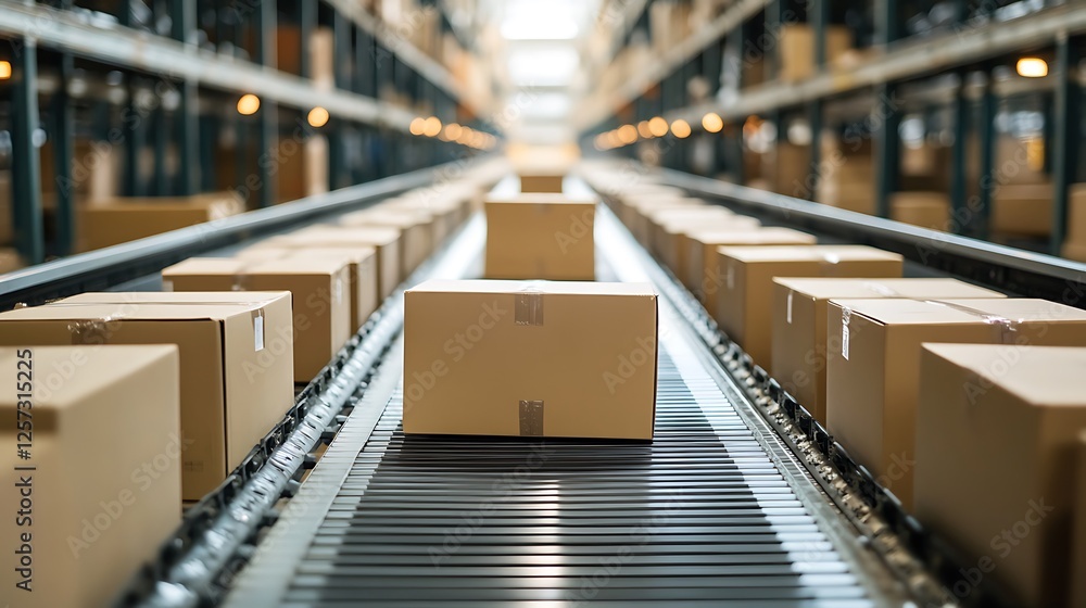 Fototapeta premium Efficient Cardboard Boxes Conveyor Belt System in a Warehouse