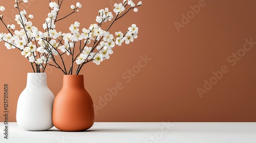 Wallpaper Mural White Flowers In Terracotta And White Vases On A Light Brown Background Torontodigital.ca