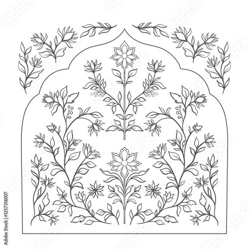 Mughal decorative ornamental floral. Vintage intricate traditional mughal style with flowers and foliage.