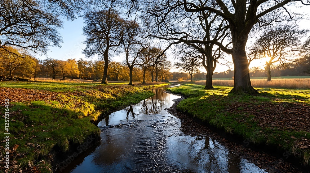 Autumnal Stream at Sunset: Golden Hour Landscape Photography AI Generated Autumnal Stream at Sunset: Golden Hour Landscape Photography AI Generated