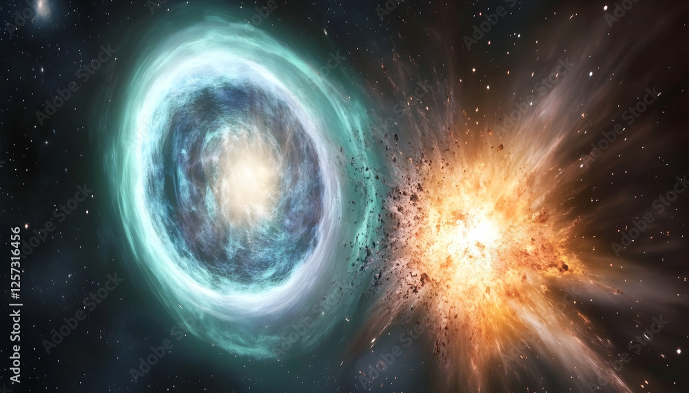 Obraz premium Illustration - Cosmic Collision, Supernova Explosion, Nebula, Galaxy, Stars, Astronomy, Astrophysics, Space Art