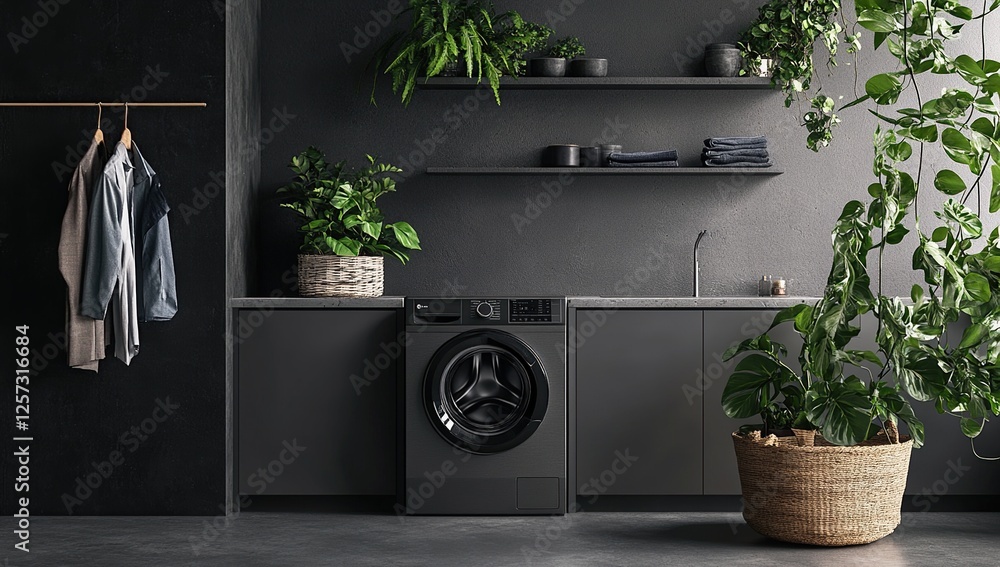 Fototapeta premium Modern Laundry Room Design: Stylish Washer Integration with Lush Greenery and Dark Cabinets, Enhancing Home Aesthetics.