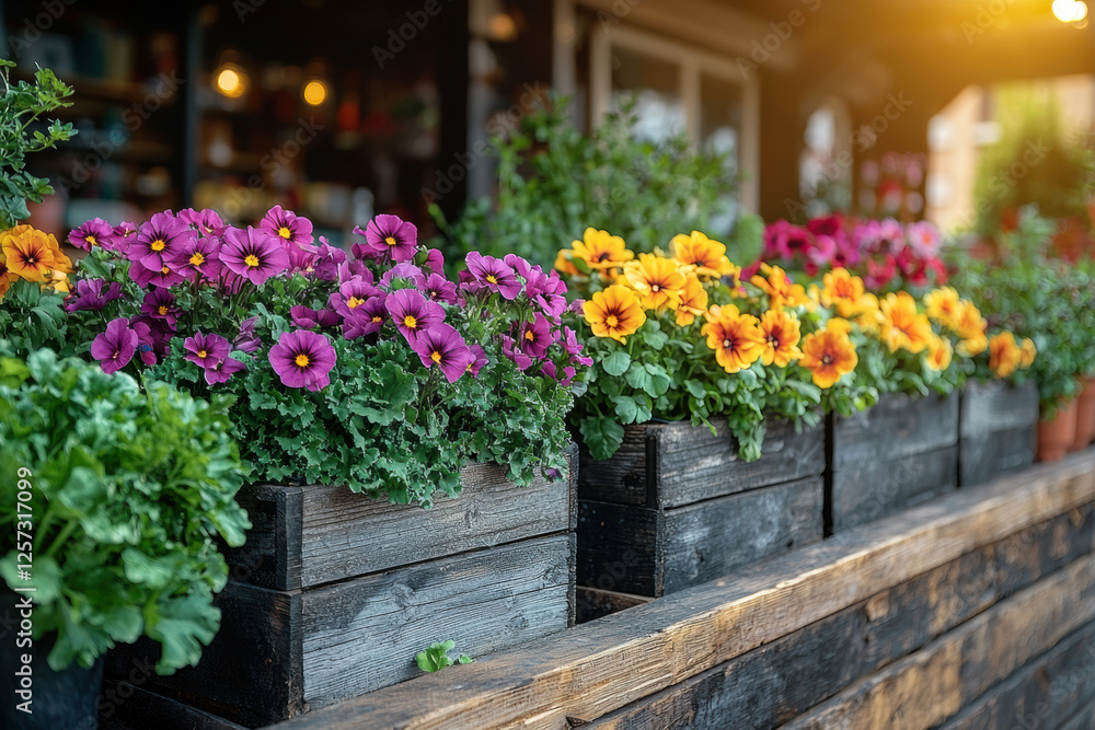 Fototapeta premium Colorful flowers and lush greenery in wooden planters on sunny urban rooftop garden.