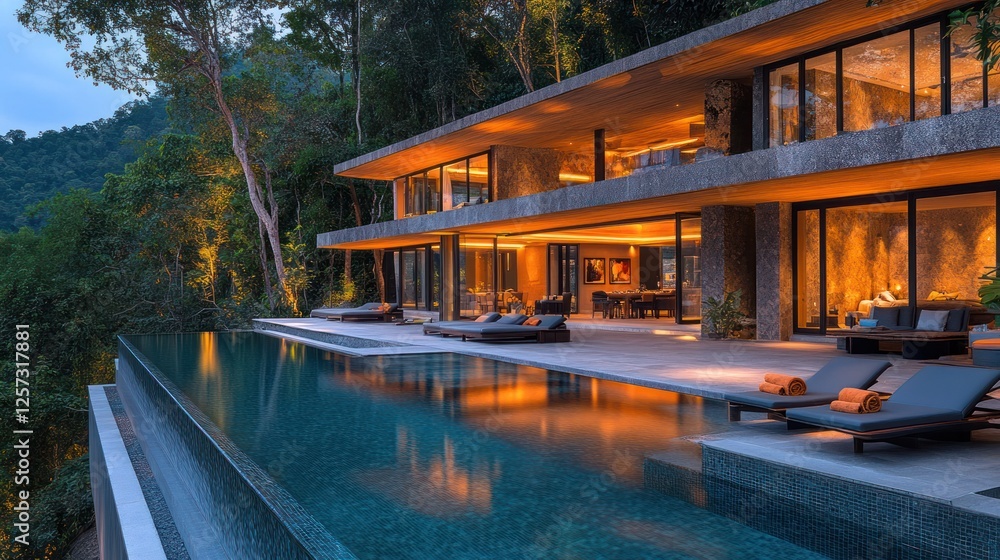 Fototapeta premium Luxury villa, infinity pool, jungle sunset, relaxation