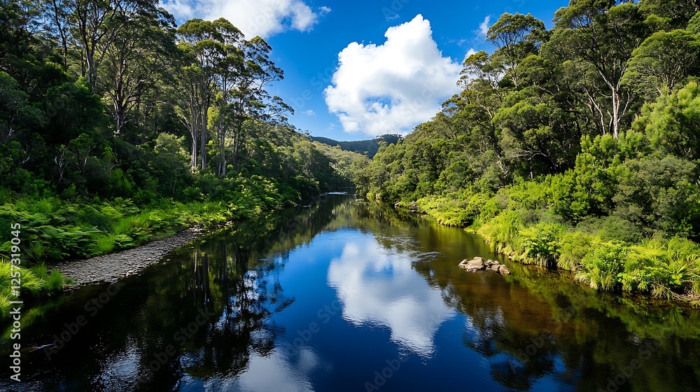 Serene River Reflecting Clouds on a Sunny Day in Lush Green Valley AI Generated Serene River Reflecting Clouds on a Sunny Day in Lush Green Valley AI Generated