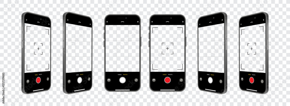 Smartphone Camera UI Interface Vector: Viewfinder, Zoom, Grid, Buttons and Focus Controls for Mobile Photography Apps. Vector.