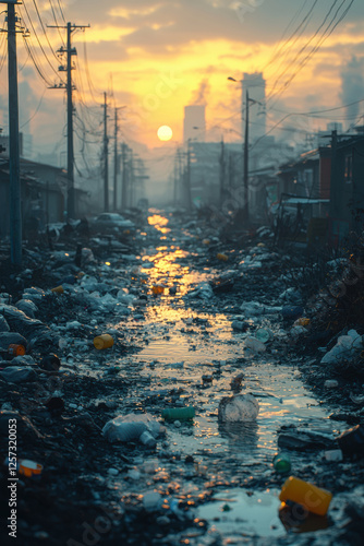 Polluted urban canal filled with trash and debris reflects warm glow of sunset, highlighting environmental concerns. photo