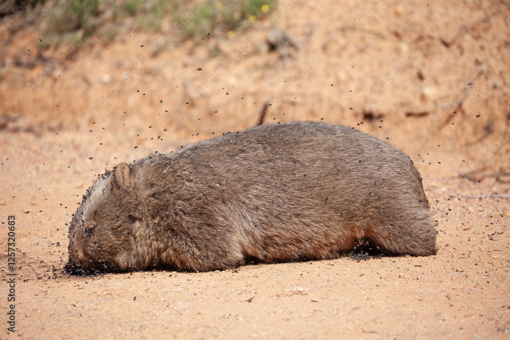 Toter Wombat am Strassenrand mit Fliegen übersät. Toter Wombat am Strassenrand mit Fliegen übersät.