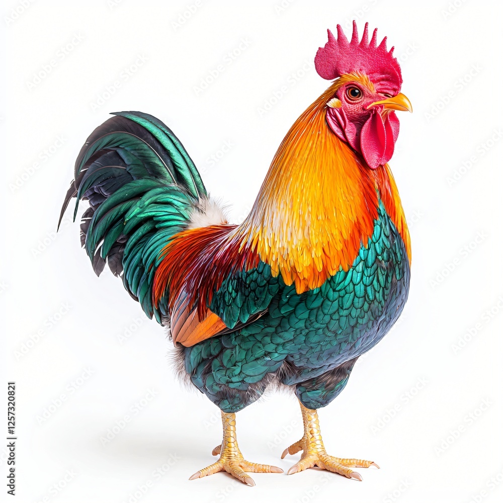 Fototapeta premium Vibrant Rooster Colorful Feathers Farm Animal Detailed Portrait White Background