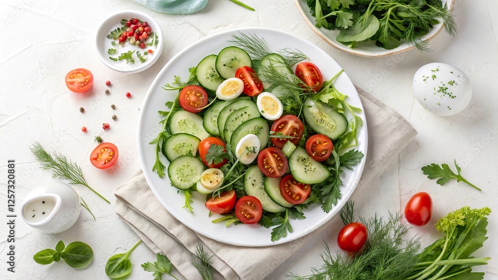 Fresh vegetable salad featuring cucumber slices, cherry tomatoes, and herbs on a white background, perfect for a healthy meal any time of day Fresh vegetable salad featuring cucumber slices, cherry tomatoes, and herbs on a white background, perfect for a healthy meal any time of day