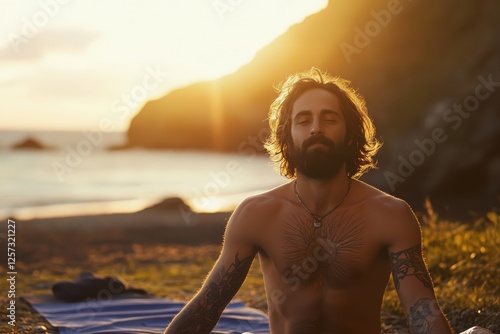 A serene yoga practitioner holding a graceful pose on mat at sunset beach photo