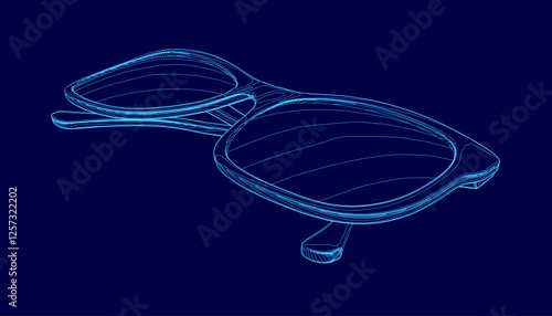 A pair of glasses is shown in a blue color. The glasses are shown in a pixelated style, which gives the impression of a digital or computer-generated image. Concept of modernity and technology