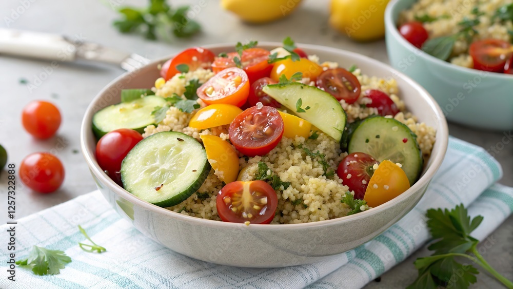 Colorful quinoa salad with cherry tomatoes and cucumbers served in a bowl surrounded by fresh ingredients on a kitchen countertop Colorful quinoa salad with cherry tomatoes and cucumbers served in a bowl surrounded by fresh ingredients on a kitchen countertop