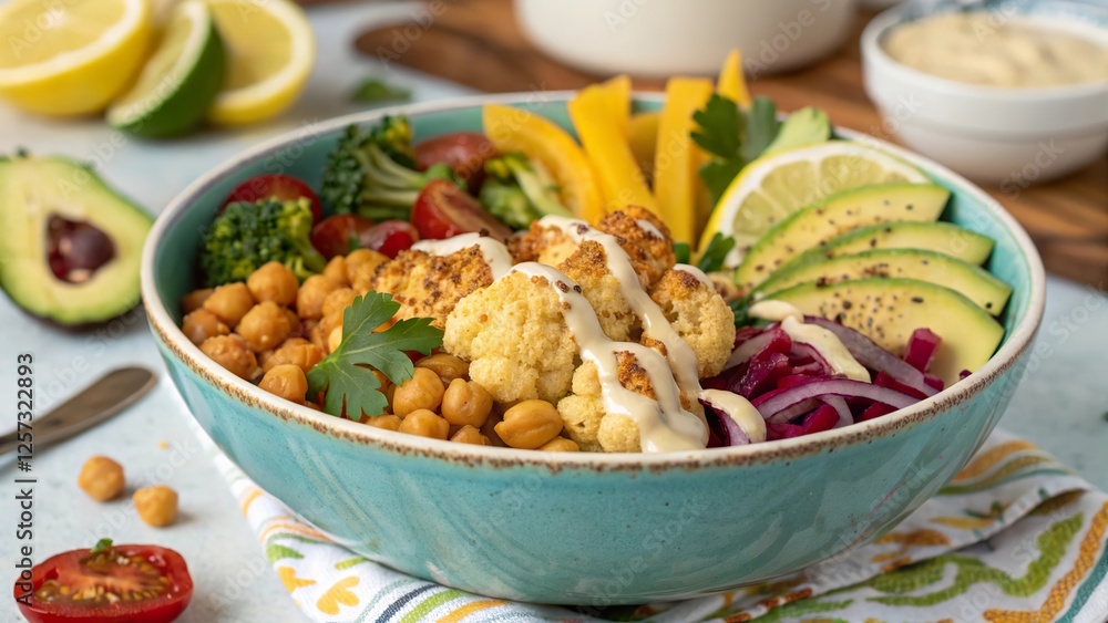 Vibrant salad bowl featuring roasted cauliflower, colorful vegetables, and chickpeas served for a healthy meal Vibrant salad bowl featuring roasted cauliflower, colorful vegetables, and chickpeas served for a healthy meal