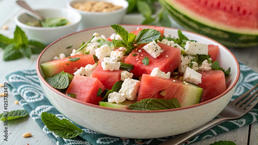 Fresh watermelon and mint salad with feta cheese enhances summer dining experience at a sunny picnic Fresh watermelon and mint salad with feta cheese enhances summer dining experience at a sunny picnic