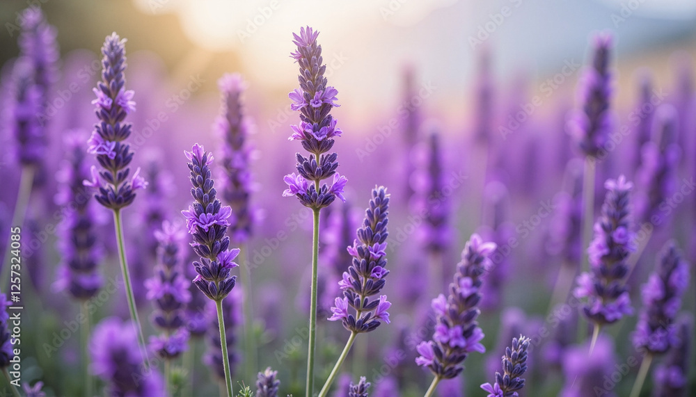 Naklejka premium Lavender field in bloom for aromatherapy websites, wellness blogs and relaxation content