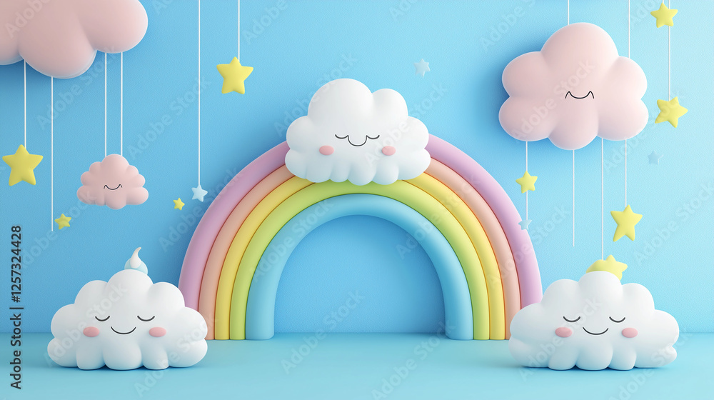 Cute cartoon Easter bunny with colorful eggs in the sky Cute cartoon Easter bunny with colorful eggs in the sky