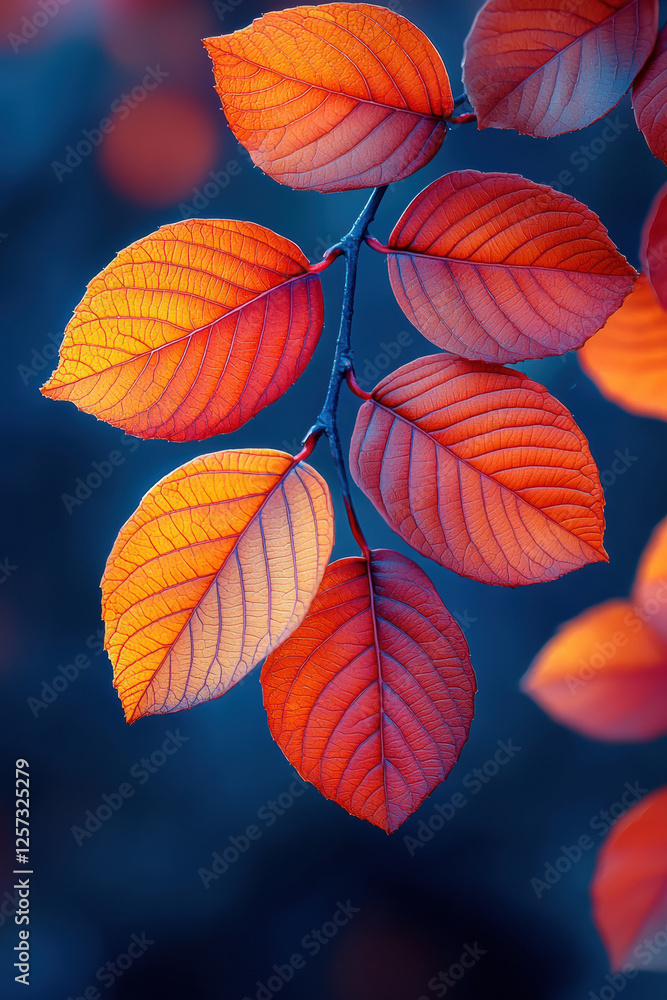 Obraz premium Vibrant autumn leaves in fiery red and orange hues against soft blue background.
