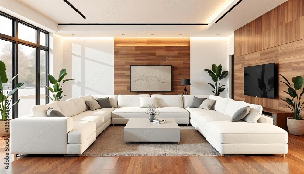 Fototapeta premium Modern White Sectional Sofa in a Luxurious Living Room with Wood Walls and Large Windows