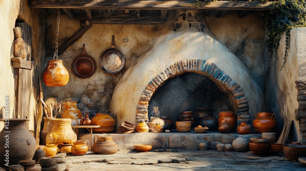 A temple house with a clay oven and handmade pottery