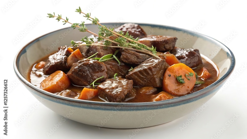 Delicious beef bourguignon served in a bowl with fresh thyme and vegetables for a hearty meal Delicious beef bourguignon served in a bowl with fresh thyme and vegetables for a hearty meal