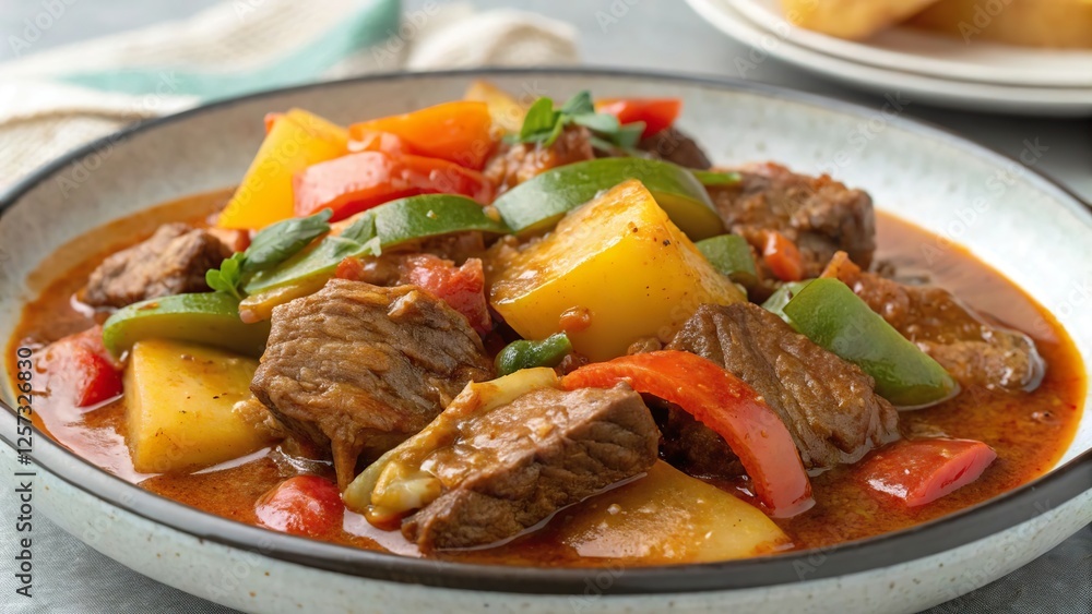 Savory beef caldereta with bell peppers and potatoes served in a bowl for a family meal or festive gathering Savory beef caldereta with bell peppers and potatoes served in a bowl for a family meal or festive gathering