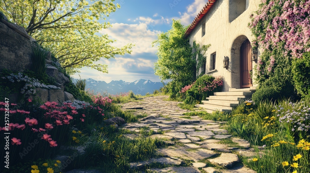 Naklejka premium A temple house with a cobblestone pathway and wildflowers