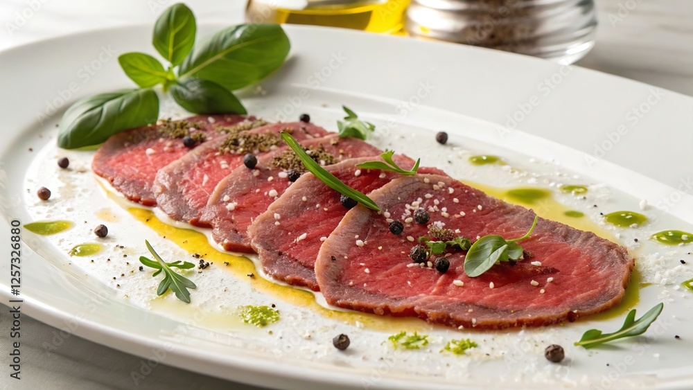 Delicate beef carpaccio served with flavorful herbs and spices on a white plate Delicate beef carpaccio served with flavorful herbs and spices on a white plate