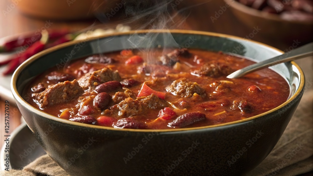Delicious beef chili served in a deep steamy bowl perfect for a cozy meal or gathering Delicious beef chili served in a deep steamy bowl perfect for a cozy meal or gathering