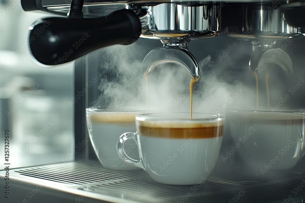 Espresso machine brewing coffee, steamy cafe kitchen Espresso machine brewing coffee, steamy cafe kitchen